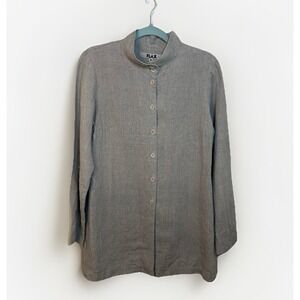 Flax Linen Jacket Top Sm Taupe Lagenlook Button Front Mandarin Collar Hippie